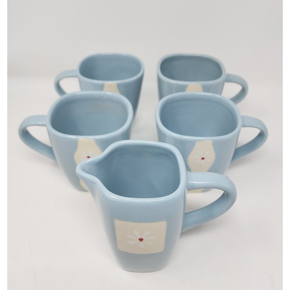 Pfaltzgraff Dazee sun Coffee Cups /Mugs with Cream Pitcher Blue Red